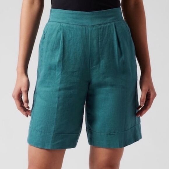 Athleta Playa Linen Bermuda HIgh Waist Shorts in Borealis Green Size 10 - Picture 1 of 9